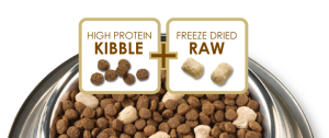 Some kibble formulas include dehydrated raw bits or raw coating